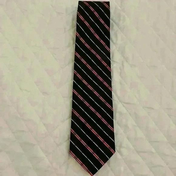 JOS A BANK Black Label BLACK RED WHITE STRIPED ALL SILK NECK TIE MADE‎ IN ITALY - Picture 1 of 5